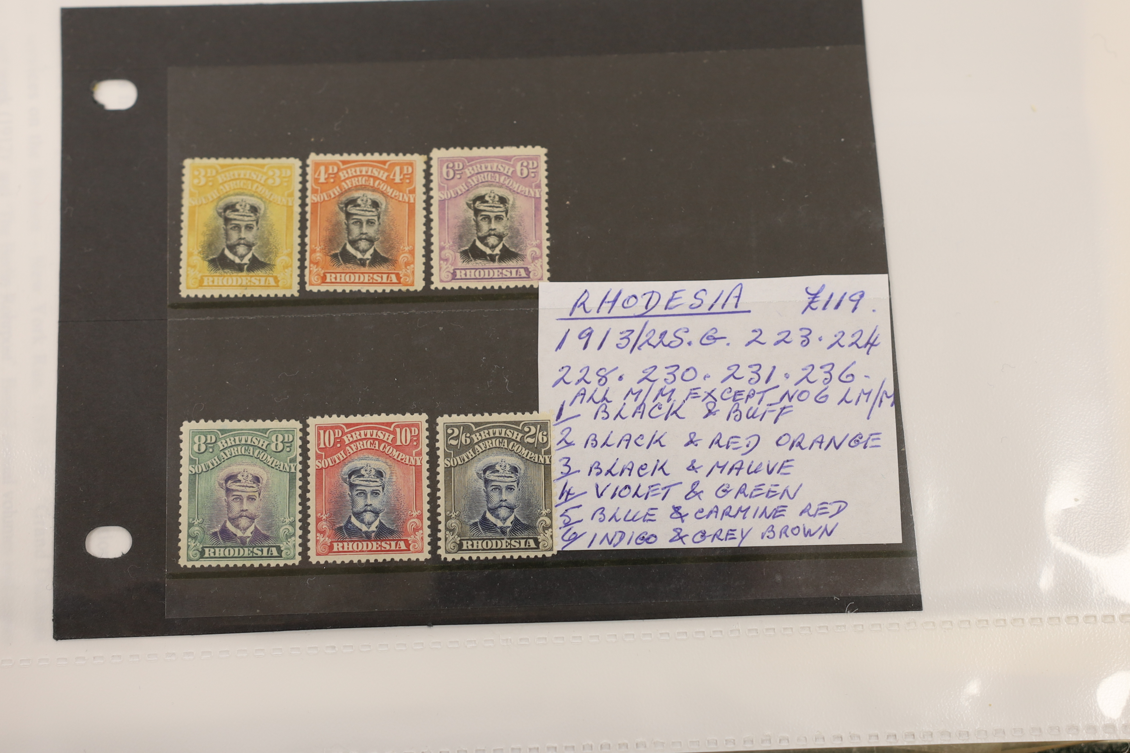 Various stamps including Rhodesia Admirals to £1, Trinidad and Tobago 1869 5/-, 1913 £1, 1921 1/2d to £1, 1921-22 set, 1904 set to £1, also a collection of Germany in an album